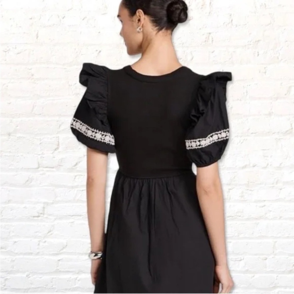 Cleobella Selma Black Midi Dress Puff Sleeve Embroidered Boho Cotton Size S - Picture 5 of 13